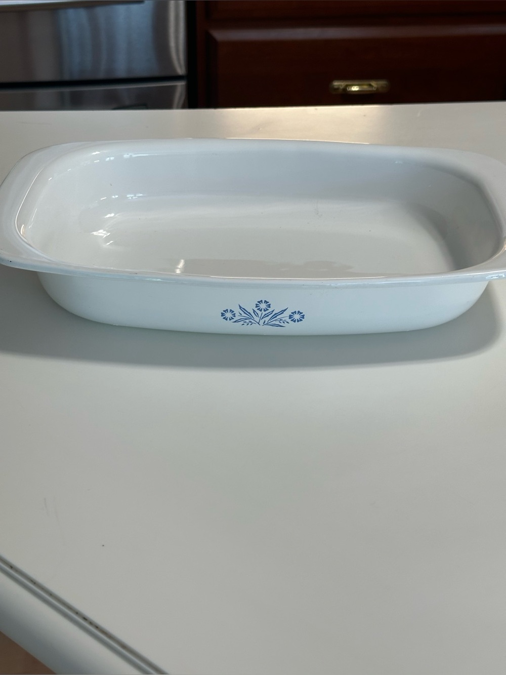 Corningware White Roaster with Blue Logo and Floral Mark